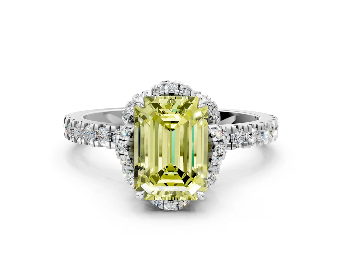 White gold Fancy Yellow Emerald  Halo Diamond Pave Band Ring with Four-Prong Setting_15