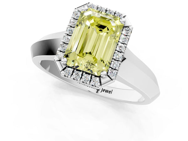 White gold Fancy Yellow Emerald  Halo Diamond Ring with Cathedral Band and Four-Prong Setting