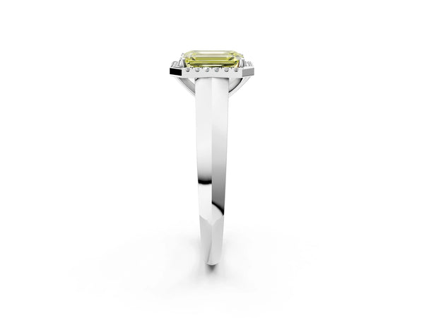White gold Fancy Yellow Emerald  Halo Diamond Ring with Cathedral Band and Four-Prong Setting