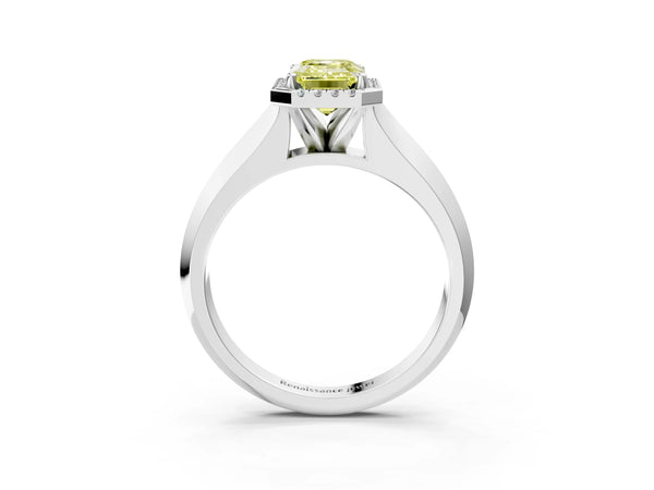 White gold Fancy Yellow Emerald  Halo Diamond Ring with Cathedral Band and Four-Prong Setting