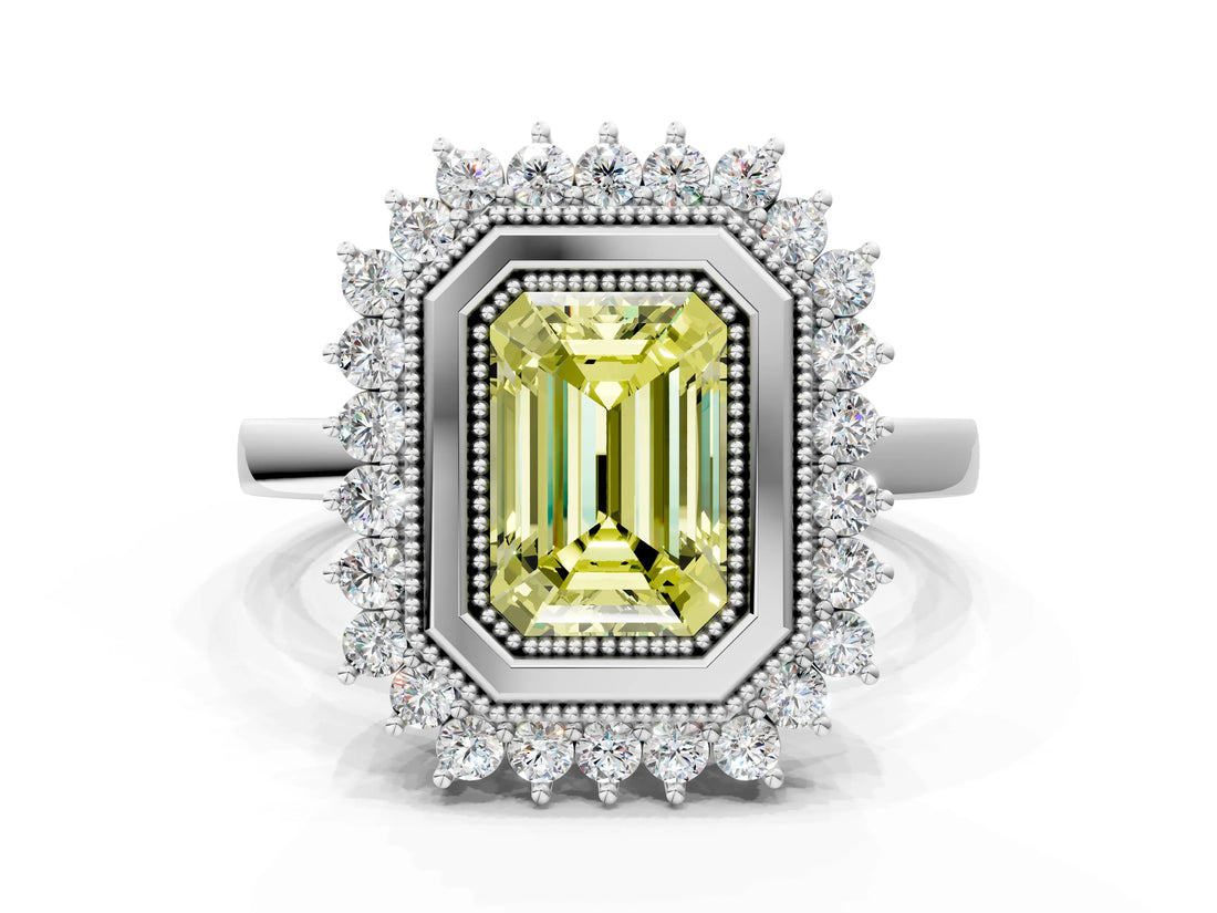 White gold Fancy Yellow Emerald  Halo Diamond Ring with Milgrain Edge and Round Prong Setting_38