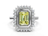 White gold Fancy Yellow Emerald  Halo Diamond Ring with Milgrain Edge and Round Prong Setting_38