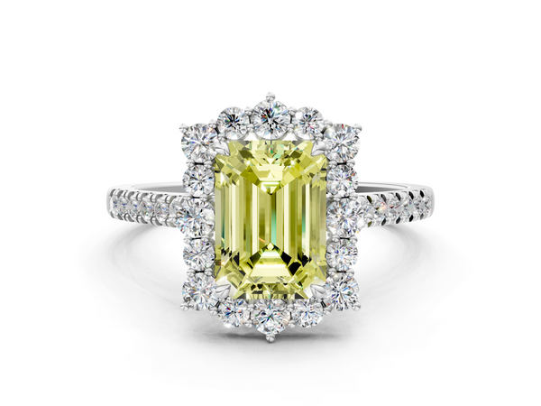 Platinum Fancy Yellow Emerald  Halo Diamond Ring with Pavé Band and Prong Setting