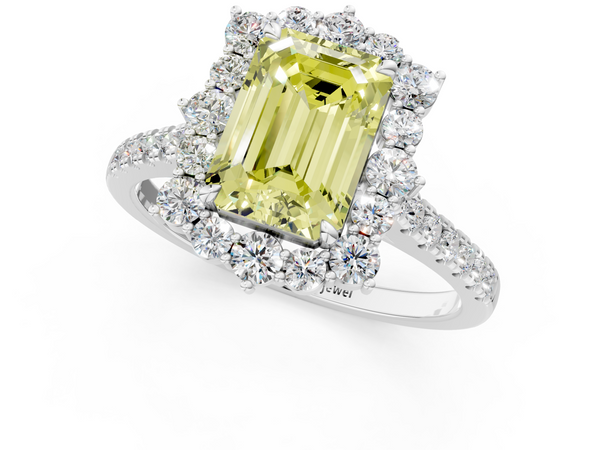 Platinum Fancy Yellow Emerald  Halo Diamond Ring with Pavé Band and Prong Setting