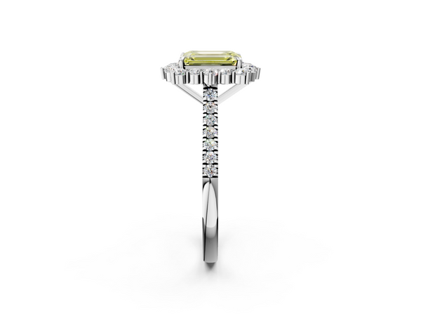 Platinum Fancy Yellow Emerald  Halo Diamond Ring with Pavé Band and Prong Setting