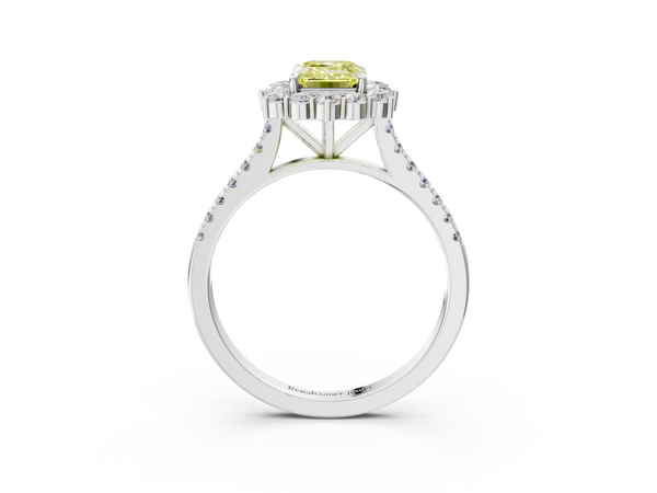 Platinum Fancy Yellow Emerald  Halo Diamond Ring with Pavé Band and Prong Setting
