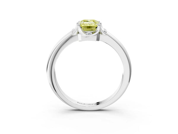 White gold Fancy Yellow Emerald  Halo Diamond Ring with Round Cluster Setting, Solitaire Band, and Four-Prong Setting