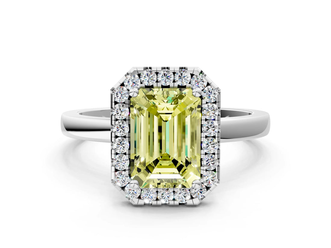 White gold Fancy Yellow Emerald  Halo Diamond Solitaire with Pavé Band and Four-Prong Setting_104