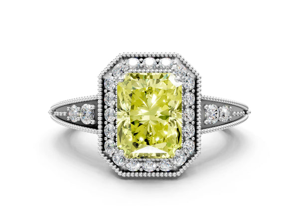 Platinum Fancy Yellow Emerald  Halo Diamond Split Shank Ring with Milgrain Detail