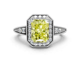 White gold Fancy Yellow Emerald  Halo Diamond Split Shank Ring with Milgrain Detail_49