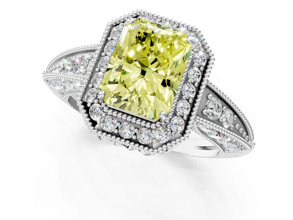 Platinum Fancy Yellow Emerald  Halo Diamond Split Shank Ring with Milgrain Detail