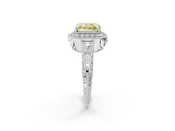 Platinum Fancy Yellow Emerald  Halo Diamond Split Shank Ring with Milgrain Detail