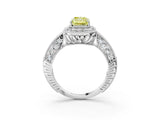 White gold Fancy Yellow Emerald  Halo Diamond Split Shank Ring with Milgrain Detail_51