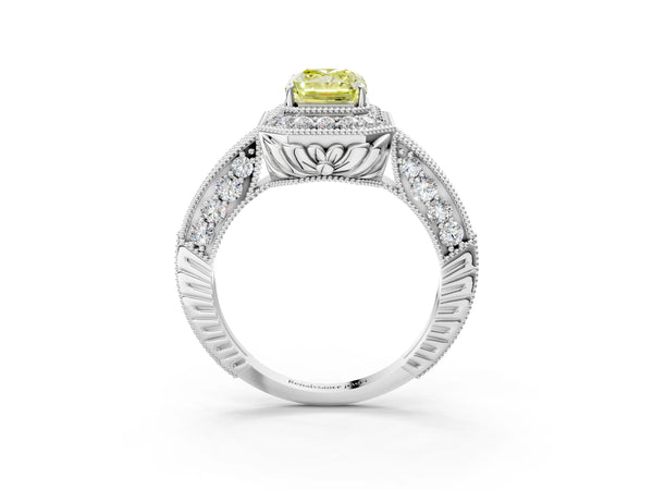 Platinum Fancy Yellow Emerald  Halo Diamond Split Shank Ring with Milgrain Detail
