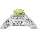 White gold Fancy Yellow Emerald  Halo Diamond Split Shank Ring with Milgrain Detail_53