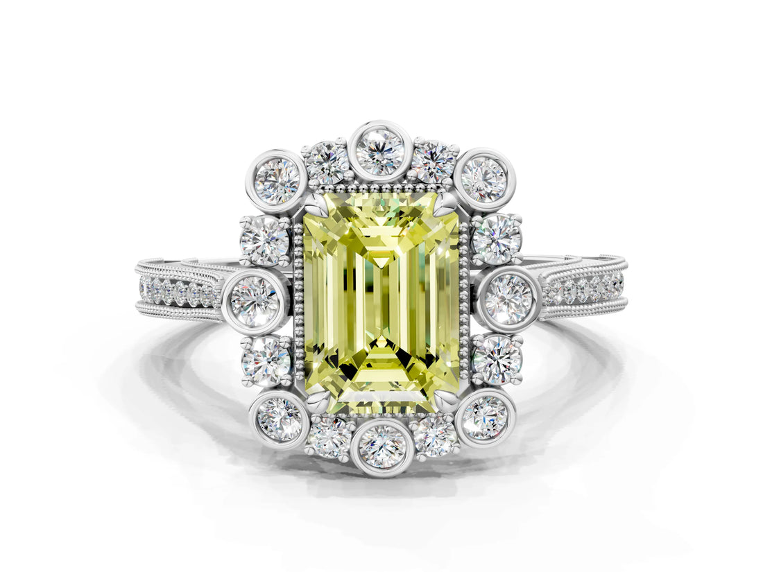 White gold Fancy Yellow Emerald  Halo Milgrain Pave Diamond Ring with Four-Prong Setting 1