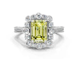 White gold Fancy Yellow Emerald  Halo Milgrain Pave Diamond Ring with Four-Prong Setting 1