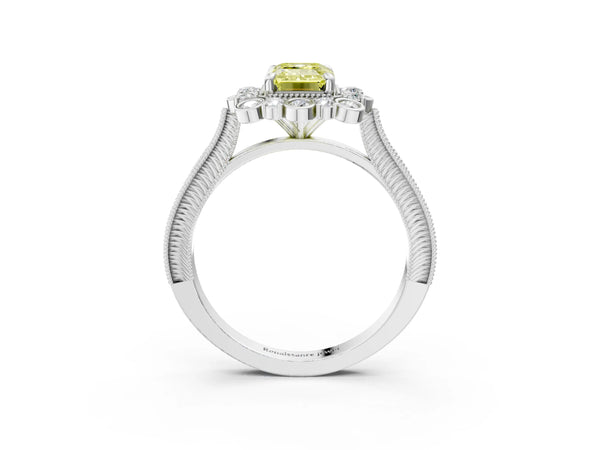 White Gold Emerald Cut Scalloped Milgrain Halo Engagement Ring Setting for Fancy Yellow Center