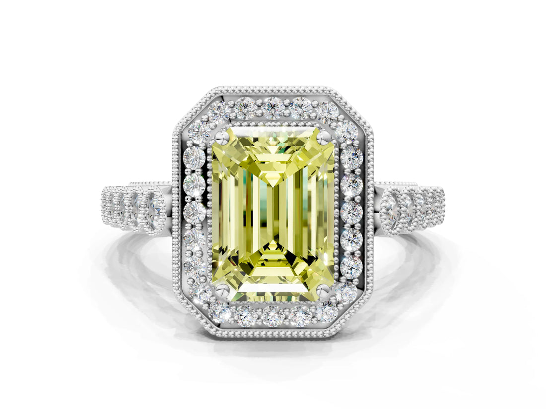 White gold Fancy Yellow Emerald  Halo Milgrain Solitaire with Bezel Set Side Stones and Pave Band_32