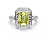 White gold Fancy Yellow Emerald  Halo Milgrain Solitaire with Bezel Set Side Stones and Pave Band_32