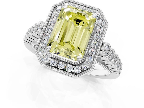 Platinum Fancy Yellow Emerald  Halo Milgrain Solitaire with Bezel Set Side Stones and Pave Band