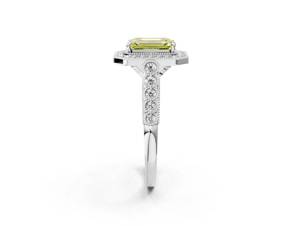 Platinum Fancy Yellow Emerald  Halo Milgrain Solitaire with Bezel Set Side Stones and Pave Band