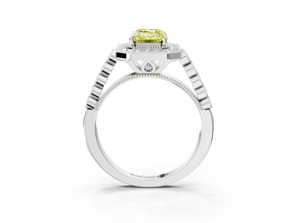 Platinum Fancy Yellow Emerald  Halo Milgrain Solitaire with Bezel Set Side Stones and Pave Band