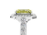 White gold Fancy Yellow Emerald  Halo Milgrain Solitaire with Bezel Set Side Stones and Pave Band_37