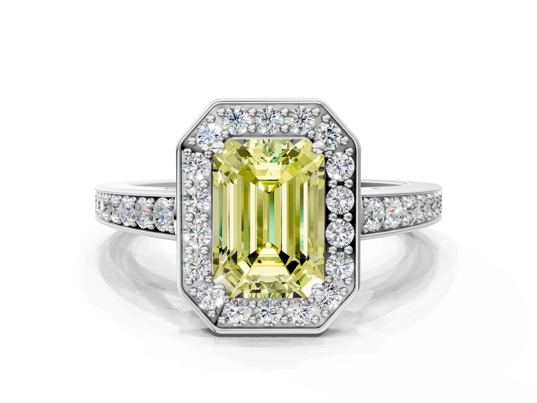 White gold Fancy Yellow Emerald  Halo Pavé Diamond Engagement Ring with Bezel Setting_49