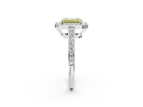 Platinum Fancy Yellow Emerald  Halo Pavé Diamond Engagement Ring with Bezel Setting