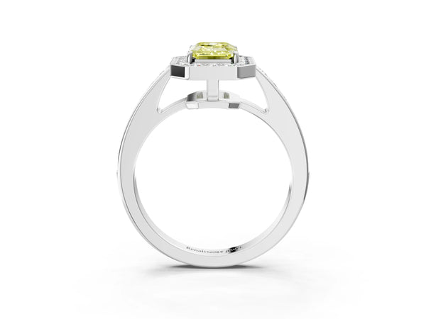 Platinum Fancy Yellow Emerald  Halo Pavé Diamond Engagement Ring with Bezel Setting