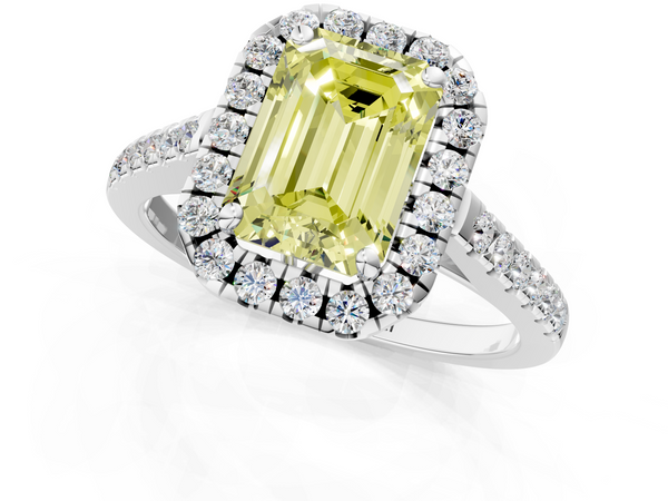 White gold Fancy Yellow Emerald  Halo Pavé Diamond Engagement Ring with Four-Prong Setting