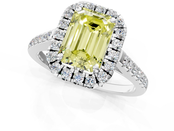 White gold Fancy Yellow Emerald  Halo Pavé Diamond Engagement Ring with Four-Prong Setting