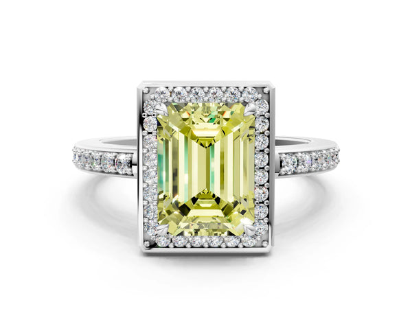 Platinum Fancy Yellow Emerald  Halo Pave Band Solitaire Ring with Prong Setting