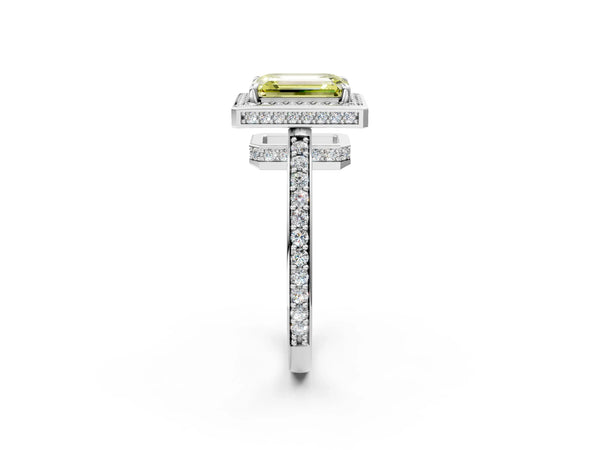 Platinum Fancy Yellow Emerald  Halo Pave Band Solitaire Ring with Prong Setting