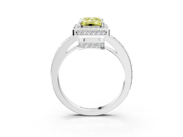 Platinum Fancy Yellow Emerald  Halo Pave Band Solitaire Ring with Prong Setting