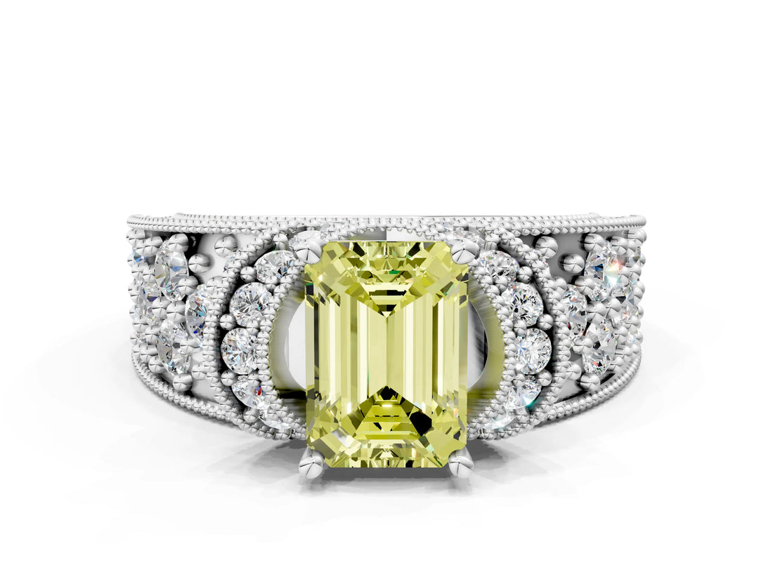 White gold Fancy Yellow Emerald  Halo Pave Diamond Engagement Ring with Milgrain Detailing_40