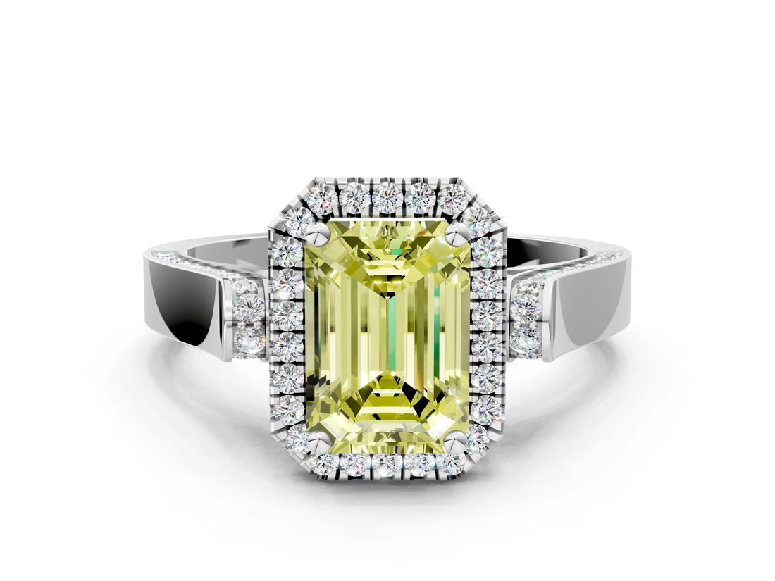 White gold Fancy Yellow Emerald  Halo Pave Split Shank Prong Setting Ring_69