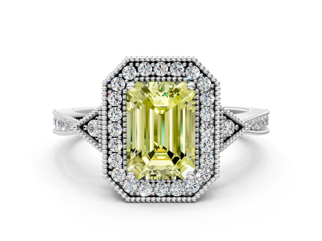 White gold Fancy Yellow Emerald  Halo Round Diamond Milgrain Pave Engagement Ring_9