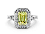 White gold Fancy Yellow Emerald  Halo Round Diamond Milgrain Pave Engagement Ring_9