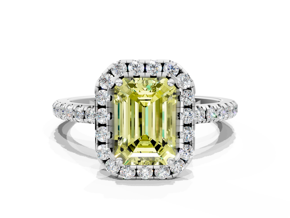 White gold Fancy Yellow Emerald  Halo Round Diamond Pavé Band Four-Prong Ring_3