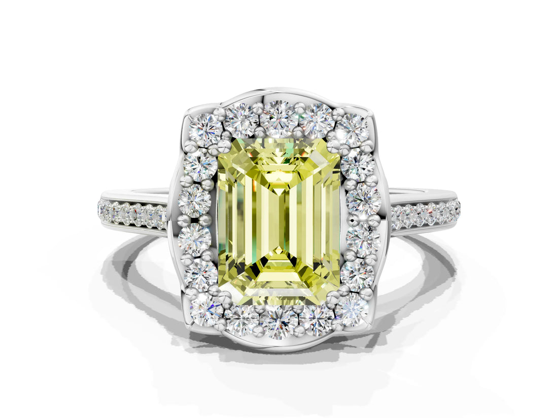 White gold Fancy Yellow Emerald  Halo Round Diamond Pave Band with Four-Prong Setting_49