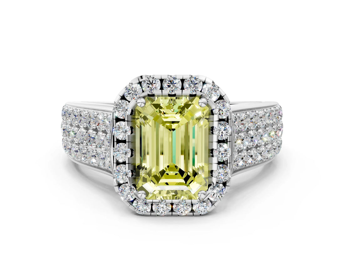 White gold Fancy Yellow Emerald  Halo Round Diamond Pave Band with Prong Setting_12