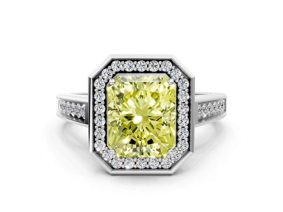 White gold Fancy Yellow Emerald  Halo Solitaire Diamond Ring with Pave Band and Bezel Setting_49