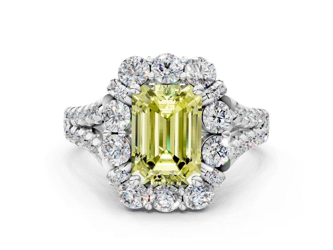 White gold Fancy Yellow Emerald  Halo Split Shank Diamond Engagement Ring with Pave Band and Four-Prong Setting_54