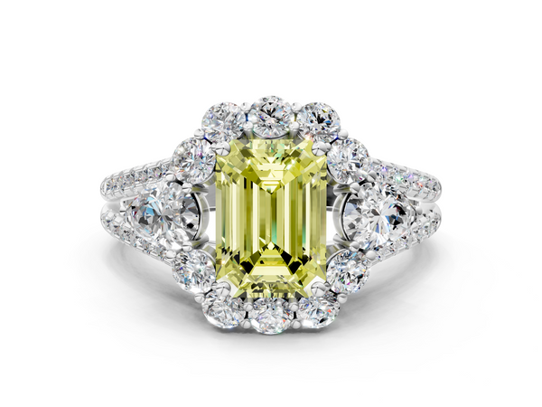 Platinum Fancy Yellow Emerald  Halo Split Shank Diamond Engagement Ring with Prong Setting