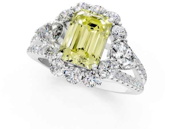 Platinum Fancy Yellow Emerald  Halo Split Shank Diamond Engagement Ring with Prong Setting