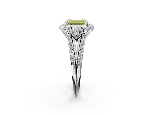 Platinum Fancy Yellow Emerald  Halo Split Shank Diamond Engagement Ring with Prong Setting