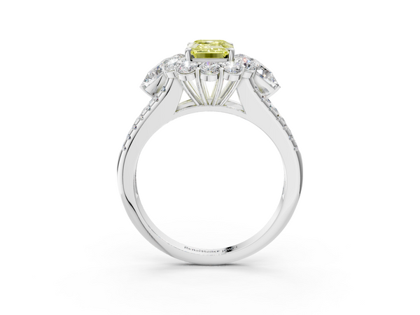 Platinum Fancy Yellow Emerald  Halo Split Shank Diamond Engagement Ring with Prong Setting