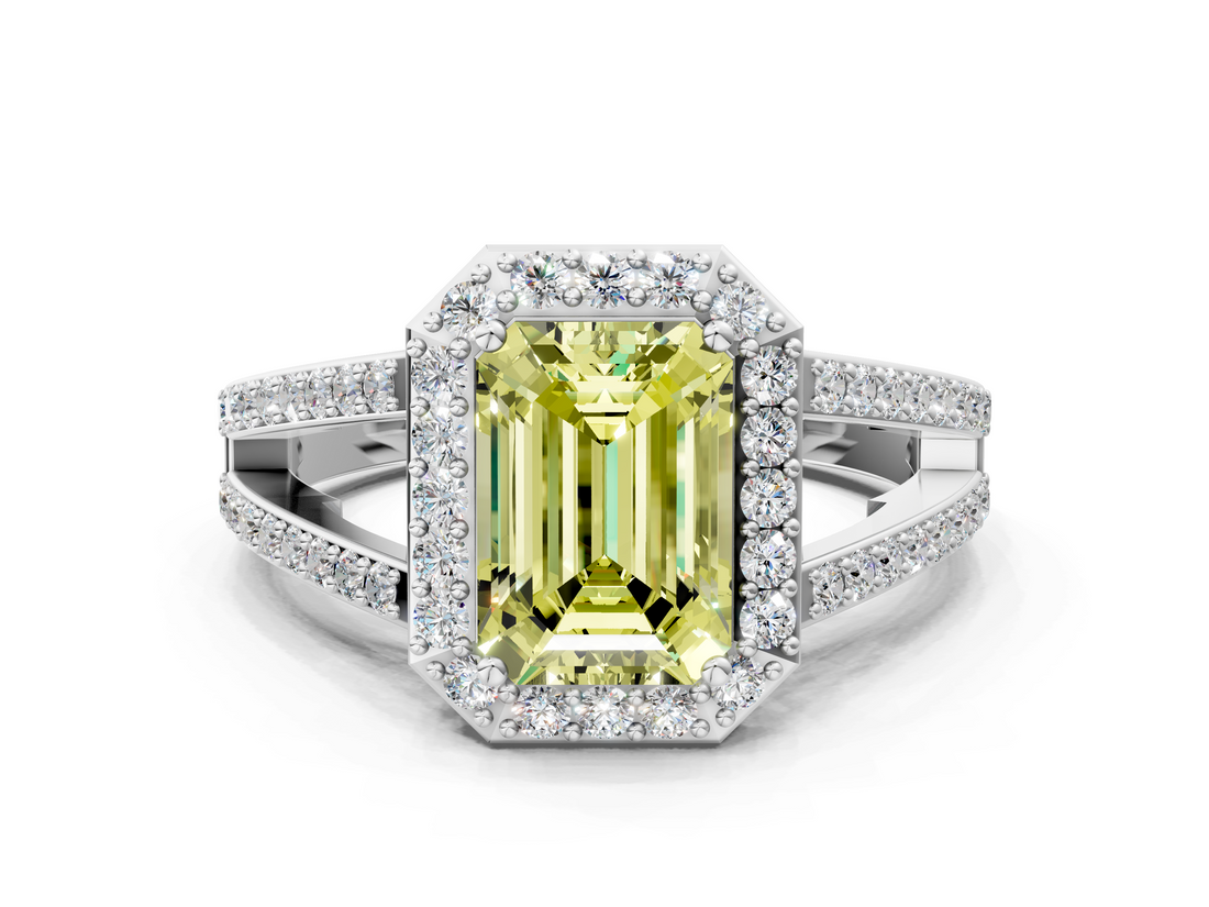 White gold Fancy Yellow Emerald  Halo Split Shank Diamond Ring with Four-Prong Setting_32